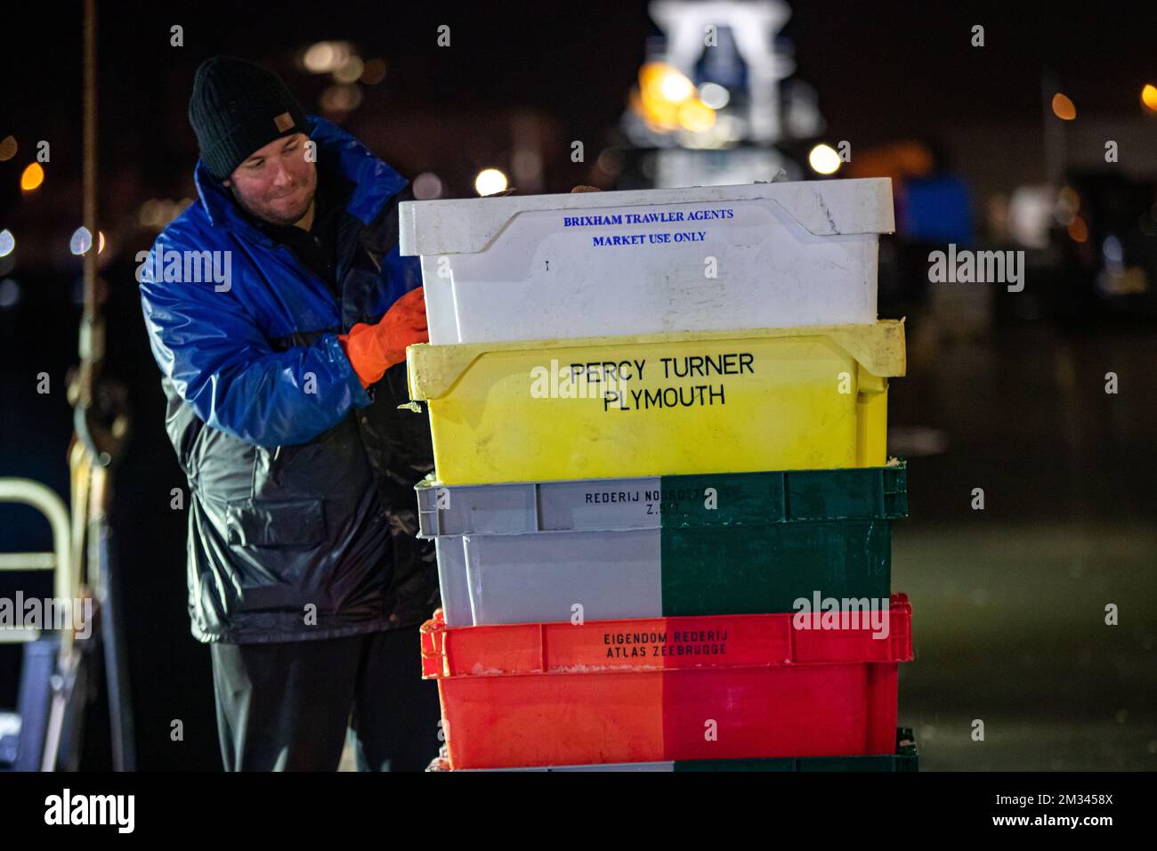 Illustration picture shows fish boxes with 'Percy Turner Plymouth