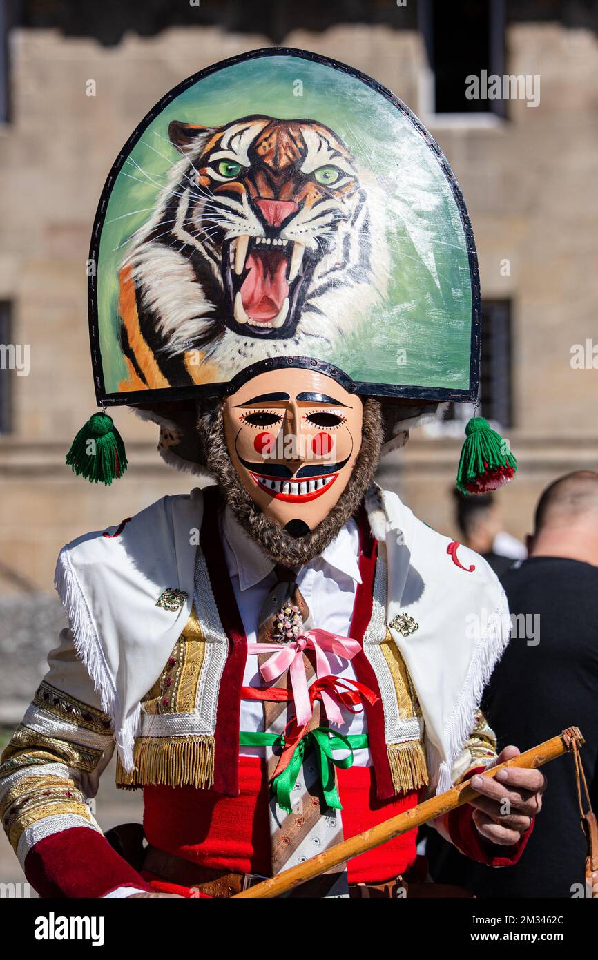 Santiago de Compostela, Spain; september, 07, 2019: Peliqueiro with their traditional costume and mask of the carnival of Laza, Galicia Stock Photo