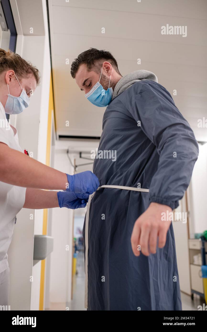 Westerlo's Tuur Dierckx pictured during a visit of Westerlo-player Dierckx to the Ziekenhuis Geel hospital and the COVID-ward of the hospital, in Geel, Tuesday 05 January 2021. Dierckx and another Westerlo-player were caught at a lockdown-party in his appartment. BELGA PHOTO JONAS ROOSENS Stock Photo