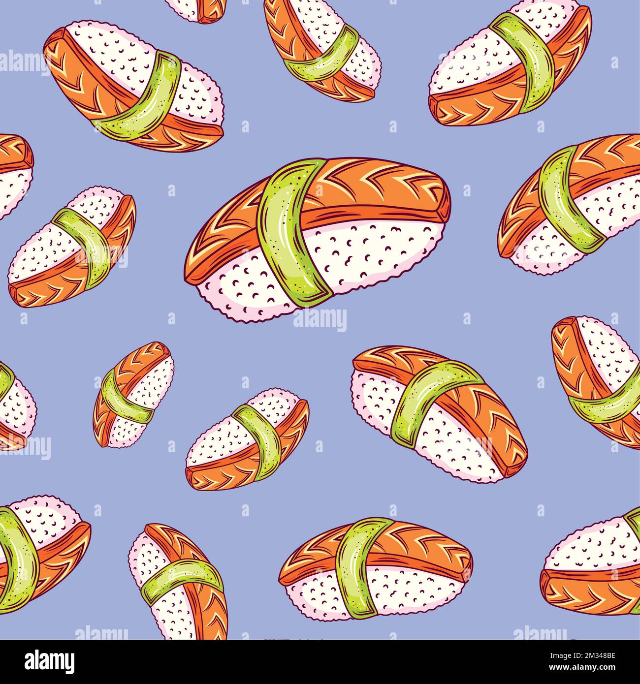 Seamless pattern background with bright cute sushi hand drawn doodles ...