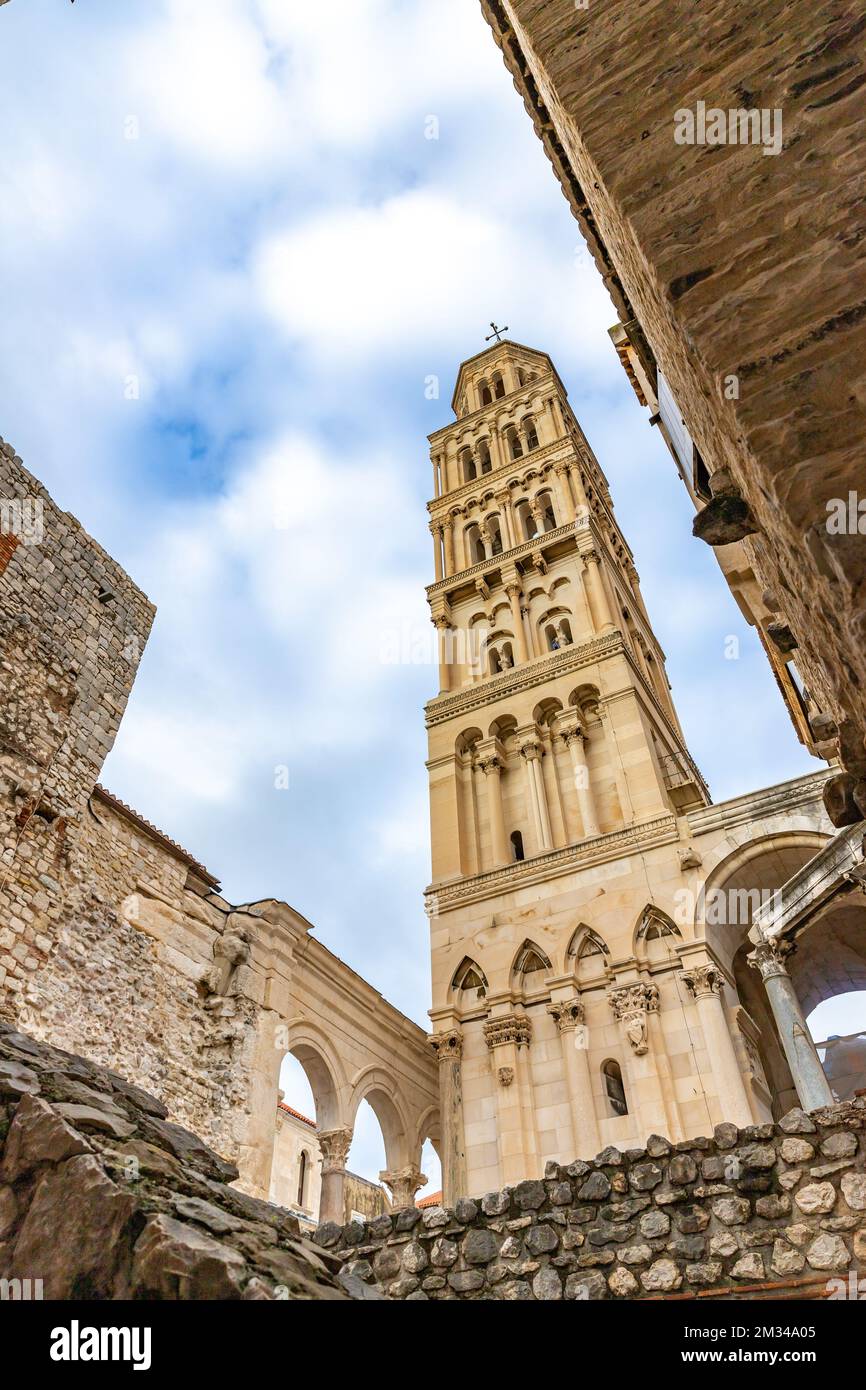 View on the Diocletian’s Palace in Split. Saint Domnius Bell Tower an