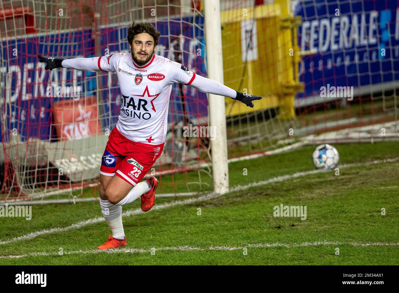 Mouscron's Bruno Xadas Alexandre Vieira Almeida celebrates after scoring during a soccer match between Royal Excel Mouscron and RSC Anderlecht, Tuesday 26 January 2021 in Mouscron, on day 22 of the 'Jupiler Pro League' first division of the Belgian championship. BELGA PHOTO KURT DESPLENTER Stock Photo
