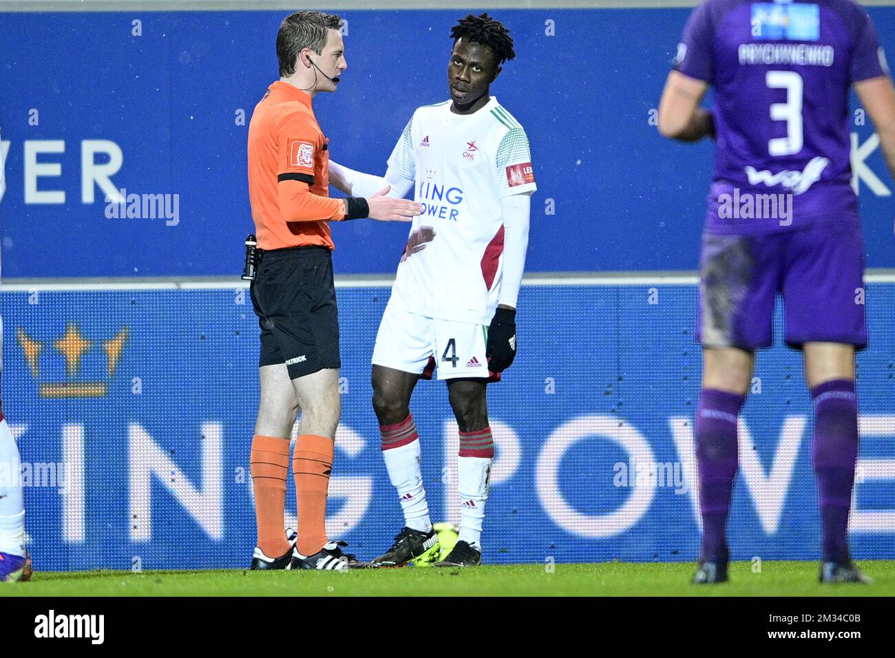 referee Bert Put and OHL's Kamal Sowah pictured during a soccer match between OH Leuven and Beerschot VA, Saturday 30 January 2021 in Oud-Heverlee, on day 23 of the 'Jupiler Pro League' first division of the Belgian championship. BELGA PHOTO YORICK JANSENS Stock Photo