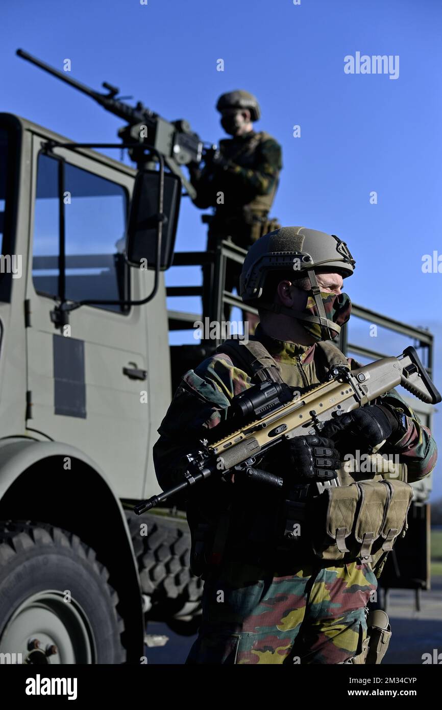 Illustration picture shows soldiers pictured during a visit of Belgian Defence Minister to Beauvechain Military Air Base, and the control and reporting center (CRC), Wednesday 03 February 2021. BELGA PHOTO ERIC LALMAND Stock Photo