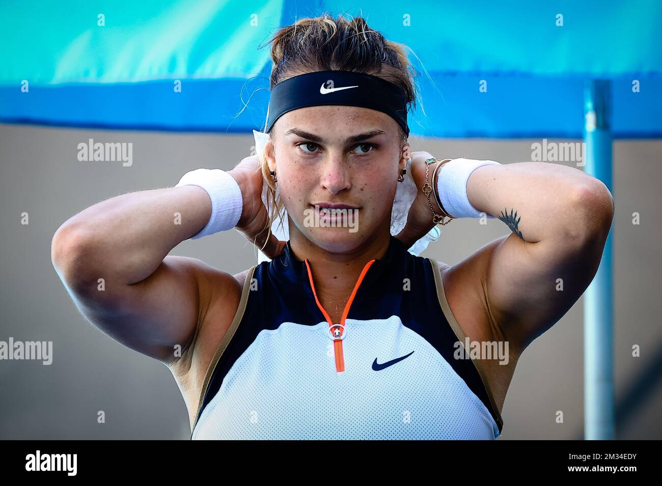 Belarussian Aryna Sabalenka pictured during a tennis match between the Belgian-Swedish pair Van Uytvank and Lister and the Belgian-Belarus pair Mertens and Sabalenka, in the first round of the women's doubles competition of the 'Australian Open' tennis Grand Slam, Wednesday 10 February 2021 in Melbourne Park, Melbourne, Australia. Mertens-Sabalenka won in three sets. The 2021 edition of the Australian Grand Slam has been delayed by three week because of the ongoing pandemic. BELGA PHOTO PATRICK HAMILTON Stock Photo