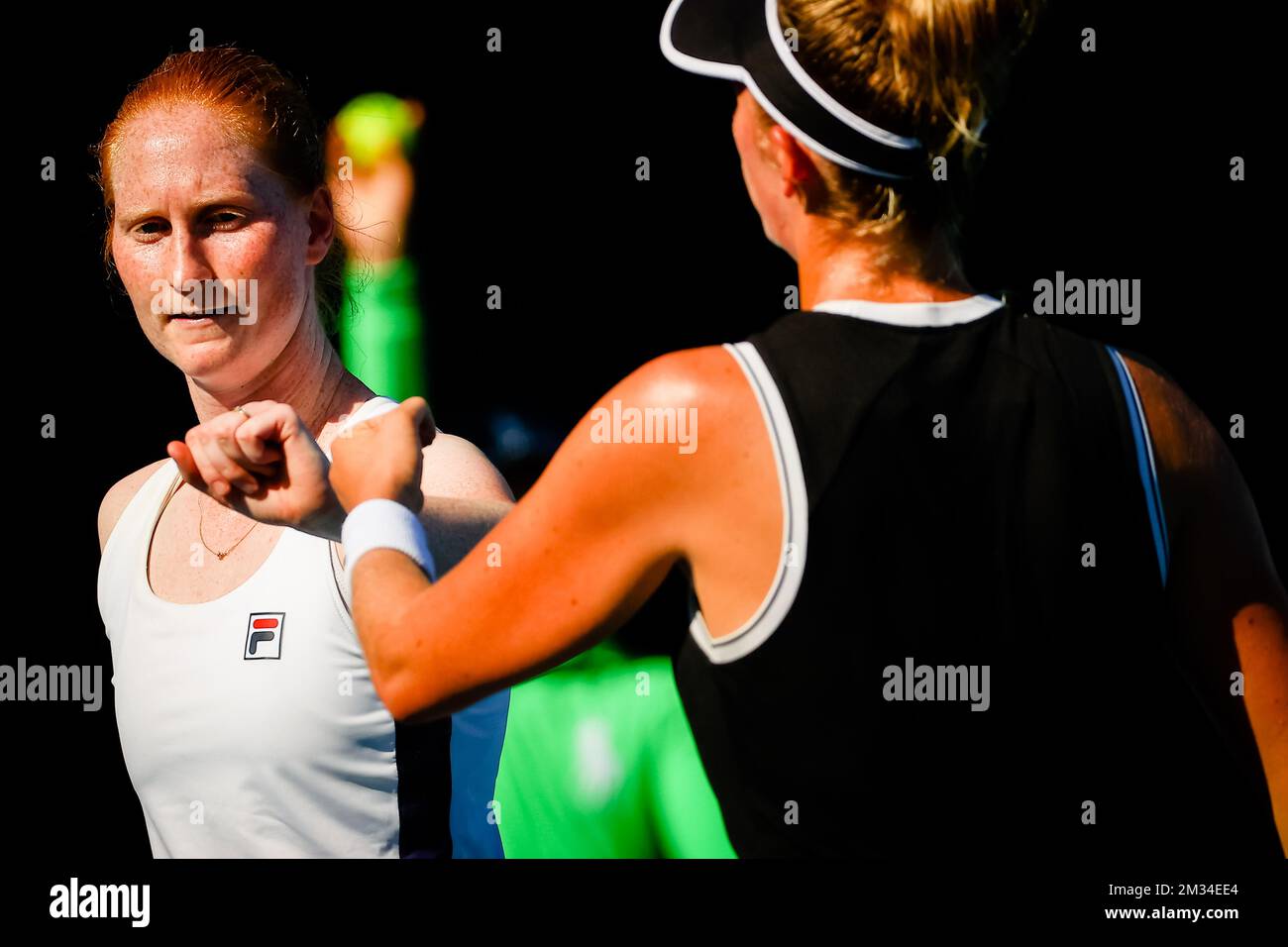 Belgian Alison Van Uytvanck and Swedish Cornelia Lister (R) pictured during a tennis match between the Belgian-Swedish pair Van Uytvank and Lister and the Belgian-Belarus pair Mertens and Sabalenka, in the first round of the women's doubles competition of the 'Australian Open' tennis Grand Slam, Wednesday 10 February 2021 in Melbourne Park, Melbourne, Australia. Mertens-Sabalenka won in three sets. The 2021 edition of the Australian Grand Slam has been delayed by three week because of the ongoing pandemic. BELGA PHOTO PATRICK HAMILTON Stock Photo