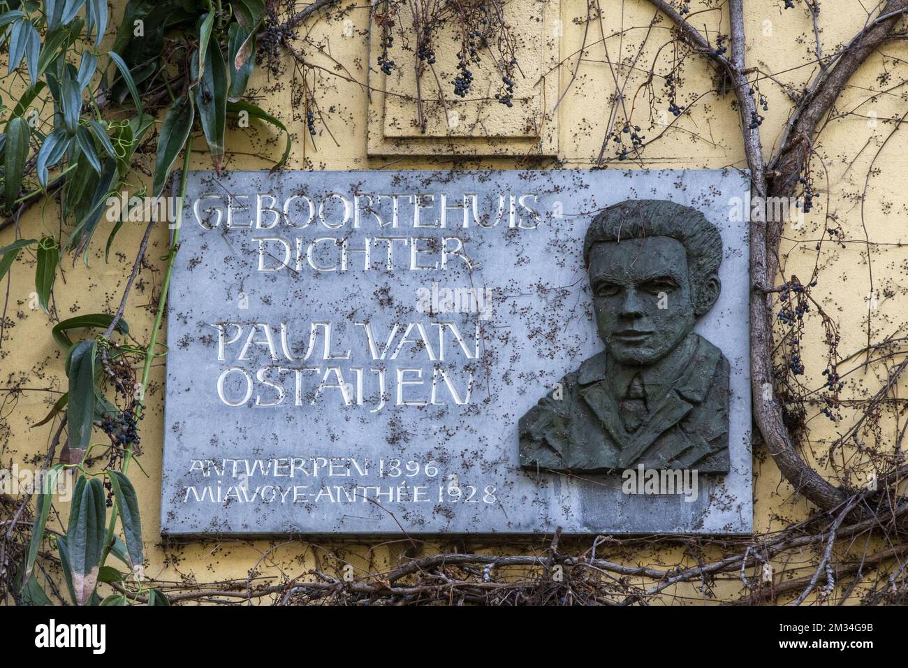 Illustration picture shows a relief portrait of Van Ostaijen at the birth house of Belgian famous poet Paul Van Ostaijen, in the center of Antwerp, Sunday 21 February 2021. On 22 February, it will be 125 years ago that Van Ostaijen was born. The Flemish government has recently purchased the manuscript of the poetic work 'Bezette Stad' by Van Ostaijen. BELGA PHOTO NICOLAS MAETERLINCK Stock Photo
