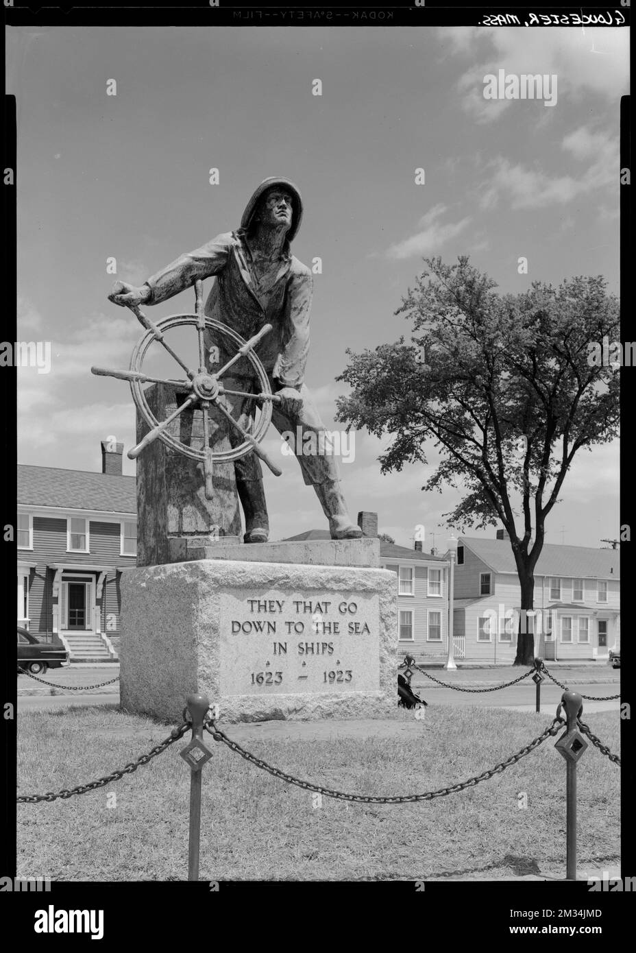 Gloucester, 'They that go down to the sea in ships,' statue , Monuments & memorials, Ship equipment & rigging. Samuel Chamberlain Photograph Negatives Collection Stock Photo