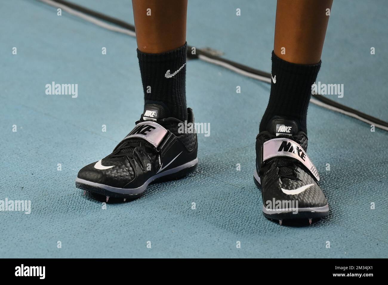 Illustration picture shows the shoes of Belgian Nafissatou Nafi Thiam  during the high jump of the women pentathlon event of the European  Athletics Indoor Championships, in Torun, Poland, Friday 05 March 2021.