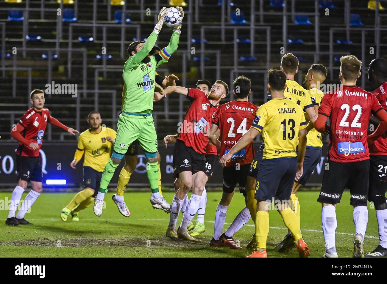 Rwdm's goalkeeper Anthony Sadin stops the ball during a soccer match between Royale Union Saint-Gilloise and RWDM, Saturday 13 March 2021 in Brussels, on day 23 of the 'Proximus League' 1B second division of the Belgian soccer championship. BELGA PHOTO LAURIE DIEFFEMBACQ Stock Photo