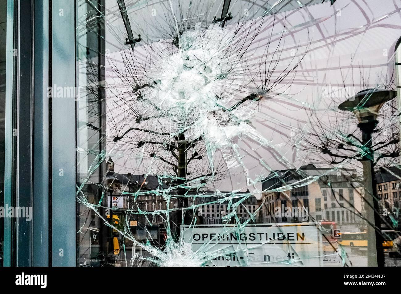 Illustration picture shows a broken shop window, in the aftermath of the riots in the city center of Liege, Sunday 14 March 2021. Some 200 people who were demonstrating as part of the 'Black lives matter' action on Saturday afternoon, attacked the Liege police in various places in the city center and a fast food restaurant was ransacked. Several policemen were injured. BELGA PHOTO BRUNO FAHY Stock Photo