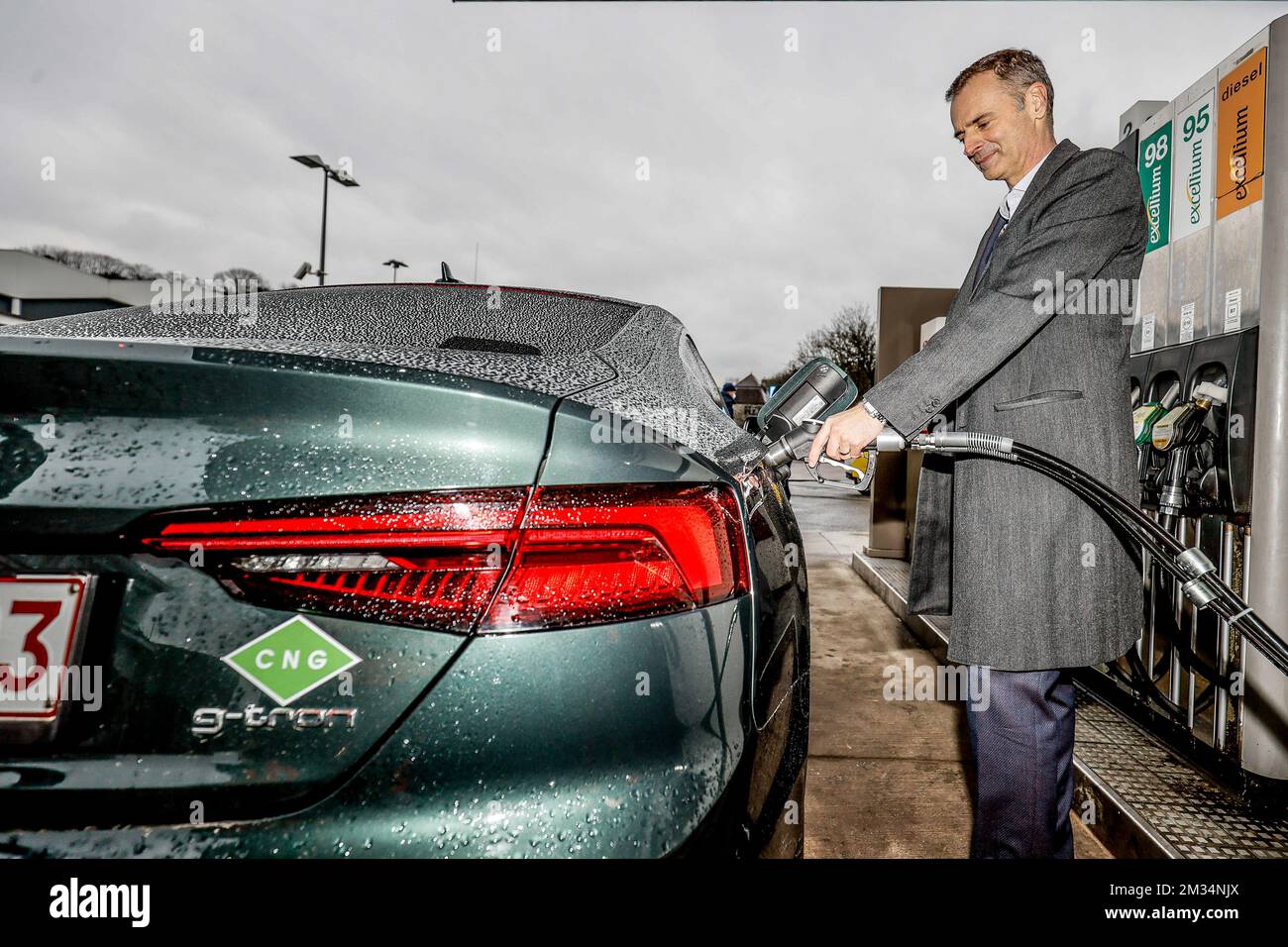 Illustration picture shows a CNG sticker on an Audi g-tron car, at the bio CNG natural gas pump at the Total fuel station in Jambes, Namur, Wednesday 17 March 2021. BELGA PHOTO BRUNO FAHY Stock Photo