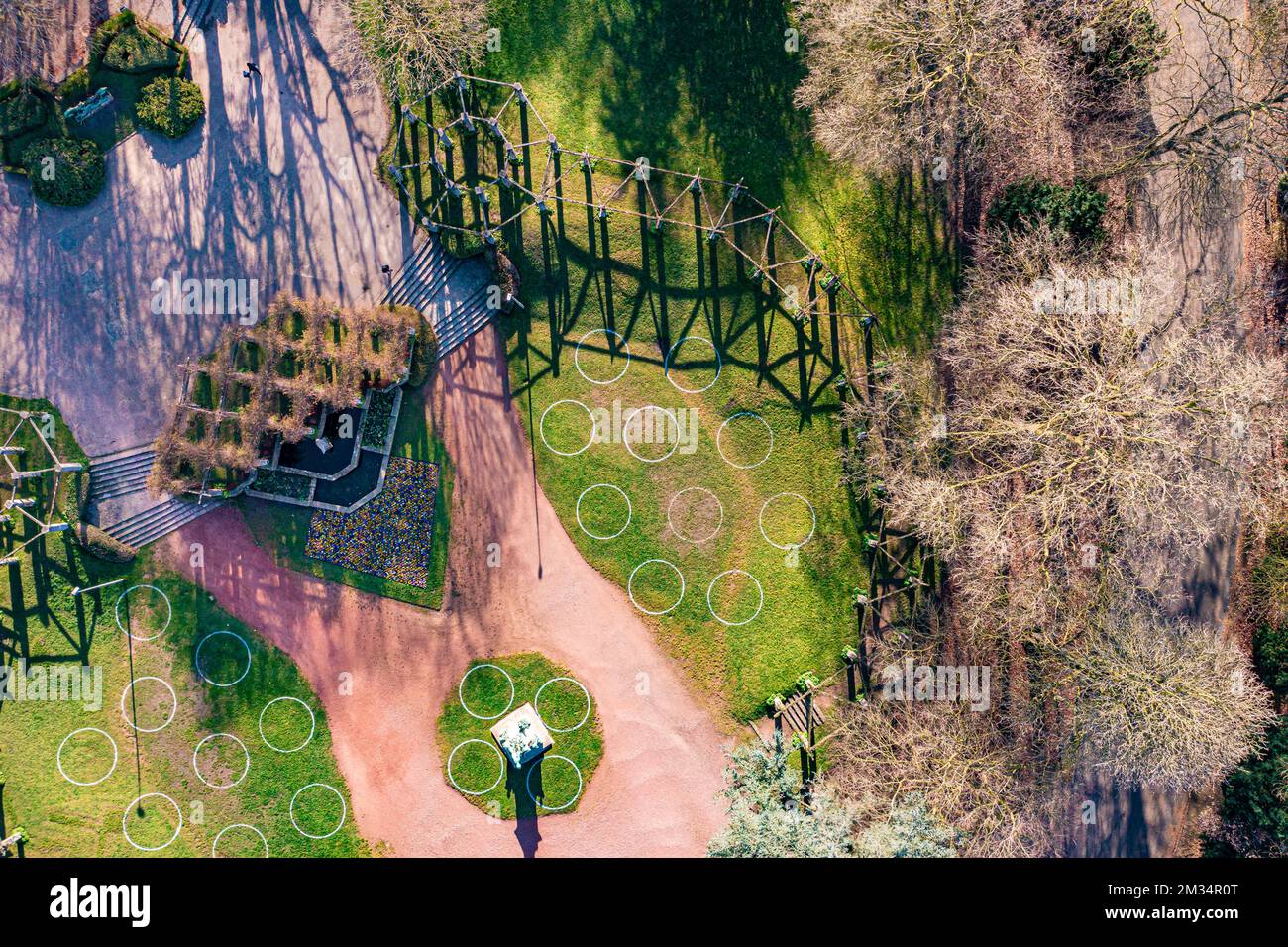 Illustration picture shows an aerial view of the social distancing circles installed on the