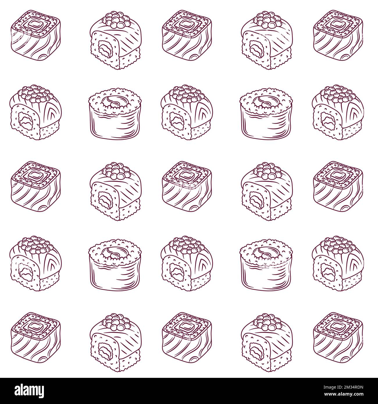 Seamless pattern background with bright cute sushi hand drawn doodles. Stock Vector