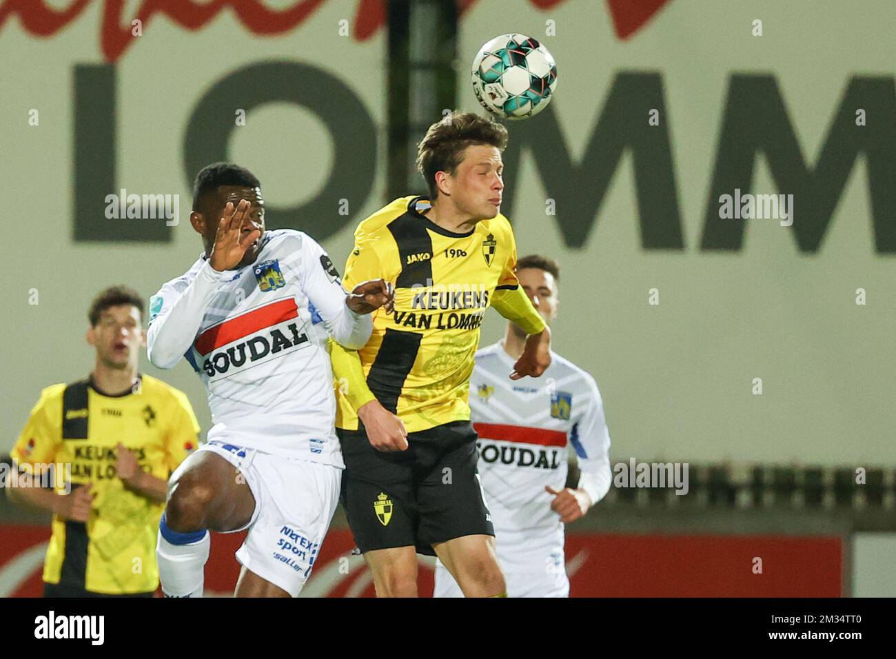 Westerlo's Kouya Mabea and Lierse's Tibeau Swinnen fight for the ball during a soccer match between Lierse Kempenzonen and KVC Westerlo, Sunday 04 April 2021 in Lier, on day 25 of the 'Proximus League' 1B second division of the Belgian soccer championship. BELGA PHOTO DAVID PINTENS Stock Photo
