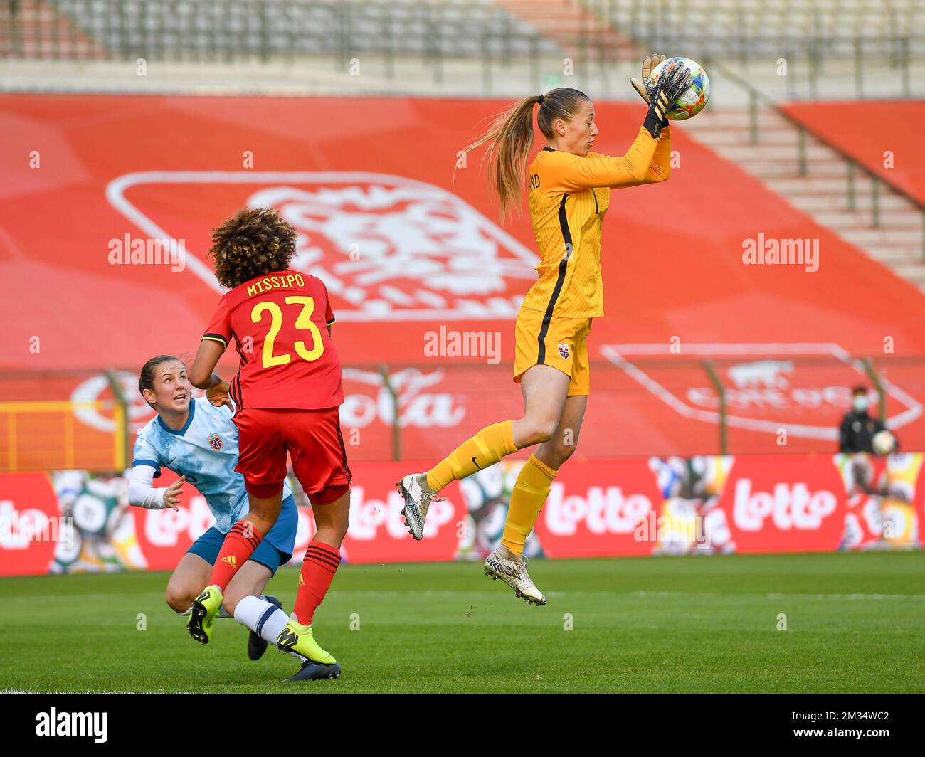 Norway's Goalkeeper Cecilie Fiskerstrand catches the ball during a friendly soccer game between Belgium's national team the Red Flames and Norway, Thursday 08 April 2021 in Brussels. BELGA PHOTO DAVID CATRY Stock Photo
