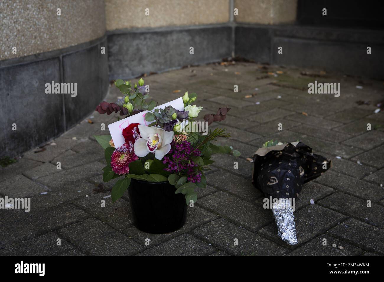 Illustration picture shows flowers in front of the hotel in the Meistraat, in the center of Antwerp, Sunday 11 April 2021. A man from Deurne died on Saturday night after a fall from a window of the hotel. The 21-year-old tried to escape a police check during a lockdown party. The man climbed out the window of the fourth-floor room and fell down. Police inspectors present tried to resuscitate the victim until the medical staff arrived, but those attempts failed to help. BELGA PHOTO KRISTOF VAN ACCOM Stock Photo