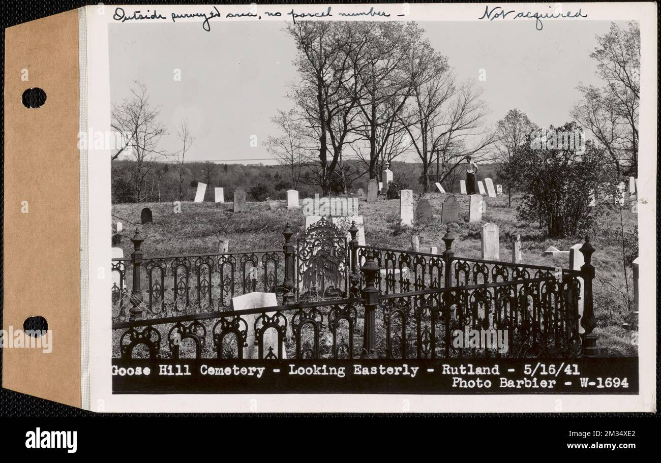 Goose Hill Cemetery, looking easterly, Rutland, Mass., May 16, 1941 : Not acquired, outside surveyed area, no parcel number, Typed on back: Goose Hill Cemetery, situated on the westerly side of Charnock Hill Road about 1/2 mile east of the former Prison Camp site. , waterworks, real estate, cemeteries Stock Photo