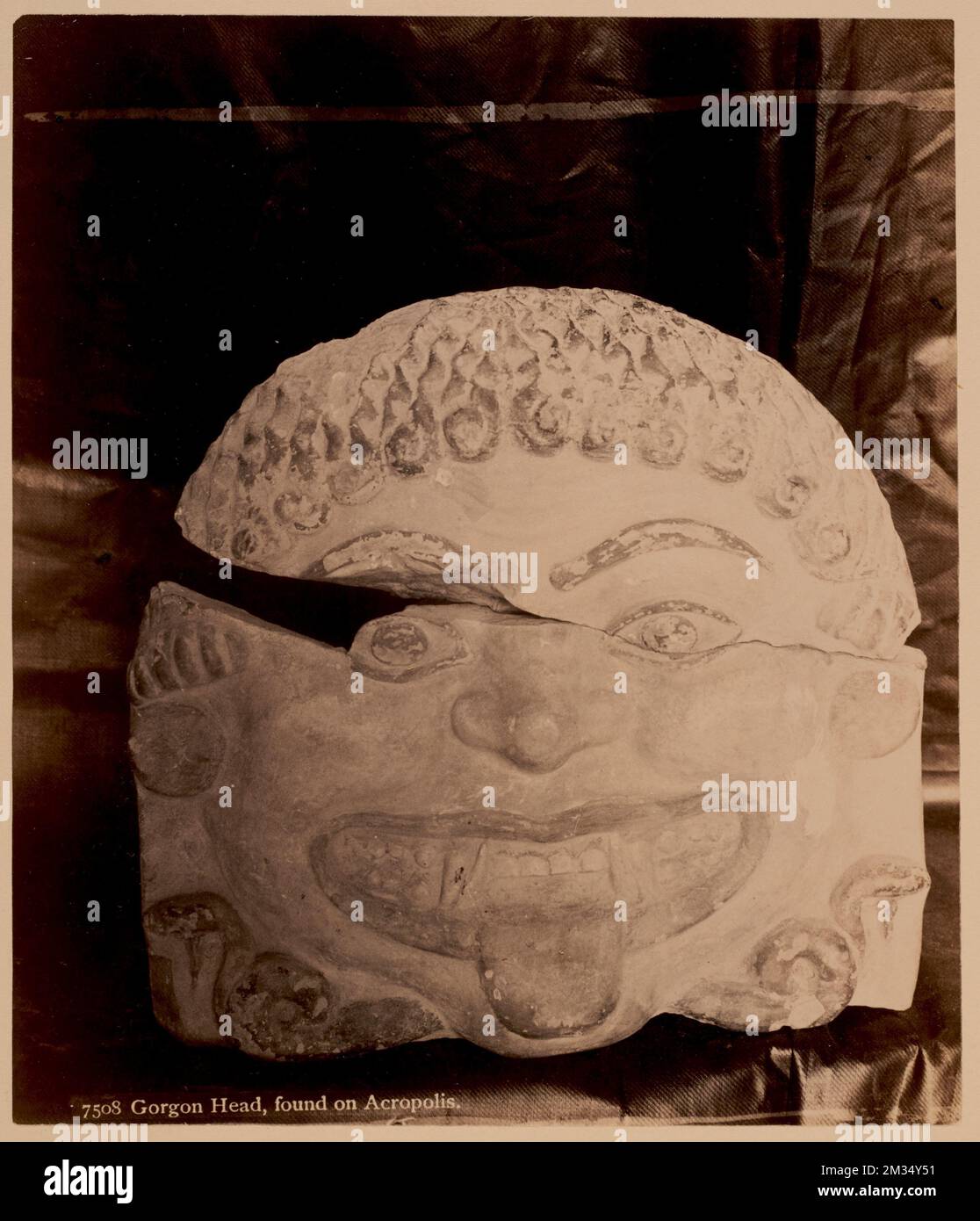 Gorgon head, found on Acropolis , Antiquities, Sculpture, Monsters, Gorgons Greek mythology. Nicholas Catsimpoolas Collection Stock Photo