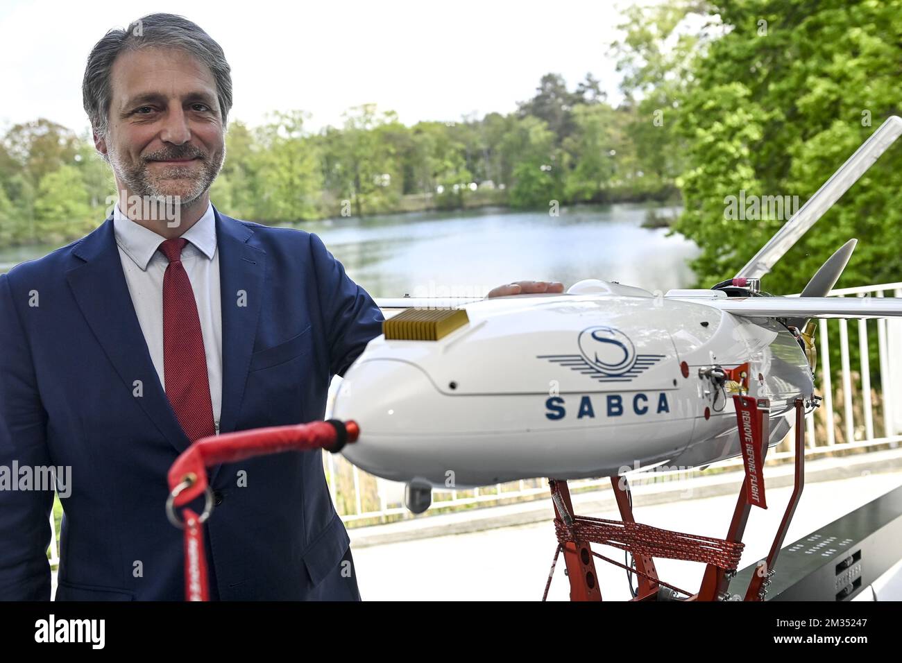 SABCA CEO Thibauld Jongen pictured during a press moment of the Belgian Nuclear Research Center (SCK CEN) and the Societe Anonyme Belge de Constructions Aeronautiques (Sabca) to present their innovative drone project, in Mol, Tuesday 18 May 2021. SCK CEN and Sabca came up with an innovative way of using drones in decommissioning projects and emergency planning. The drones map small-scale areas, such as plots and parts of installations, from the air and mark out places with increased radiation concentrations. BELGA PHOTO DIRK WAEM Stock Photo