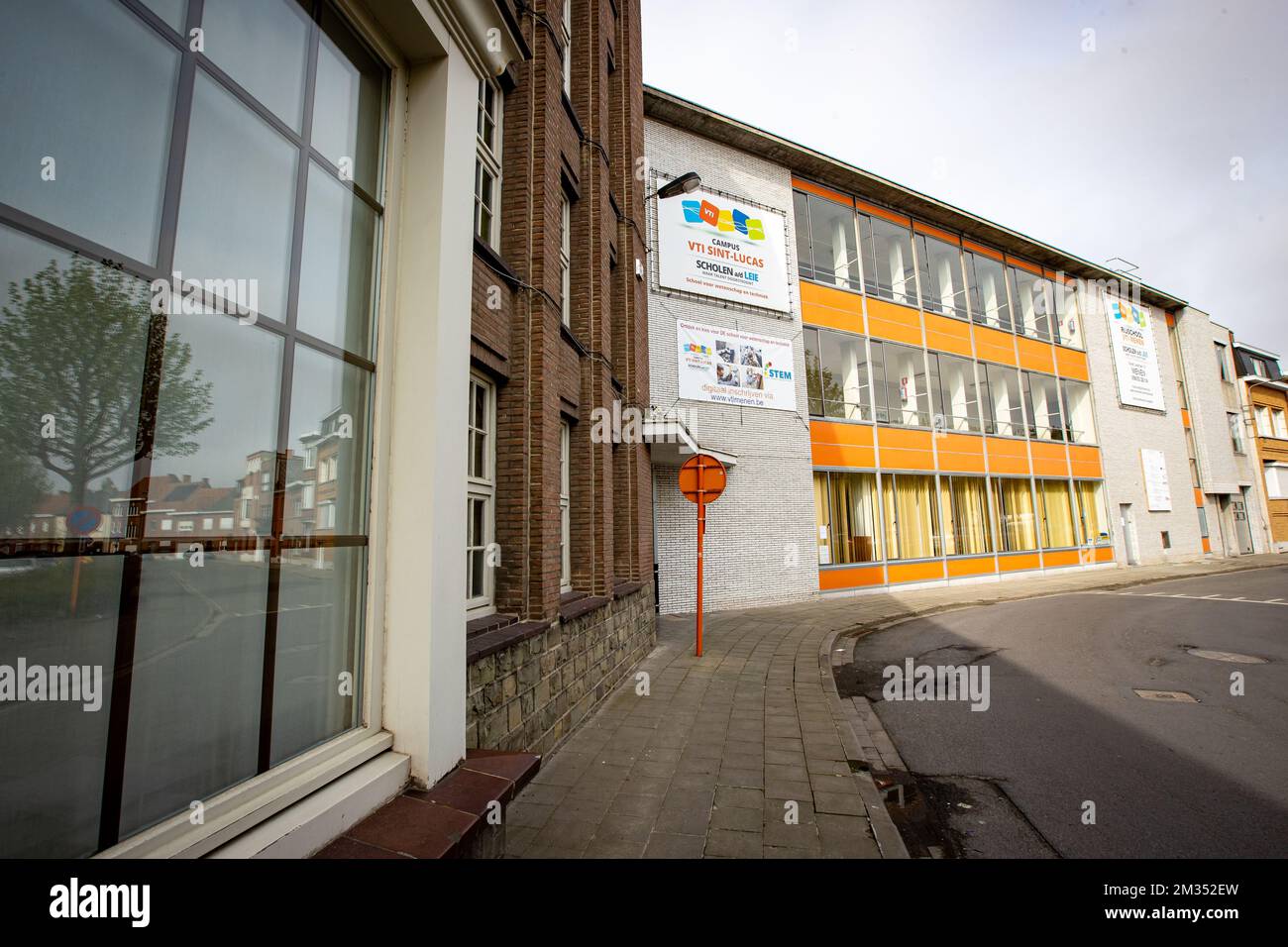 Illustration picture shows the VTI Sint-Lucas secondary school in Menen, Thursday 20 May 2021. On social media, a boy threatens to go armed to the VTI Sint-Lucas in Menen in West Flanders on Thursday. One of the directors is threatened with death. The police are taking the matter seriously. BELGA PHOTO KURT DESPLENTER Stock Photo