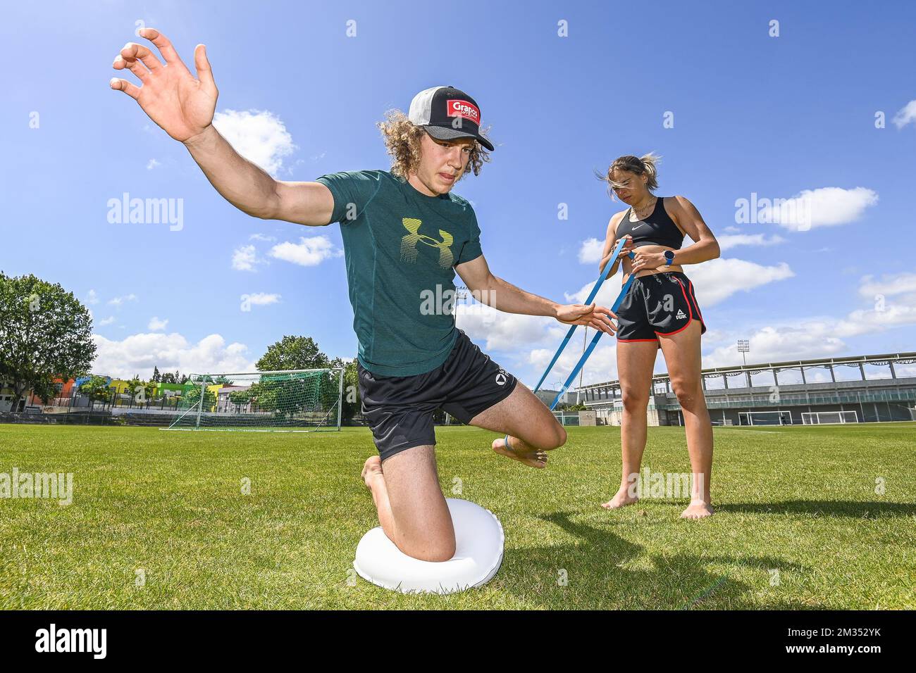 Belgian skier Sam Maes and Belgian skier Kim Vanreusel pictured during a training camp organized by the BOIC - COIB Belgian Olympic Committee, with athletes aiming to qualify for the 2022 Winter Olympics, Monday 24 May 2021 in Rio Maior, Portugal. BELGA PHOTO LAURIE DIEFFEMBACQ Stock Photo
