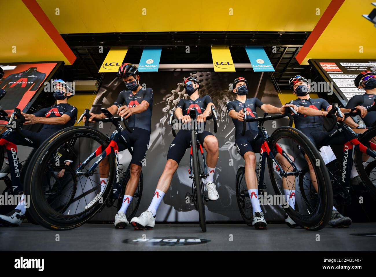 Ineos Grenadiers riders at the start of the second stage of the 73rd edition of the Criterium du Dauphine cycling race, 173 km between Brioude and Saugues, France, Monday 31 May 2021. BELGA PHOTO DAVID STOCKMAN Stock Photo