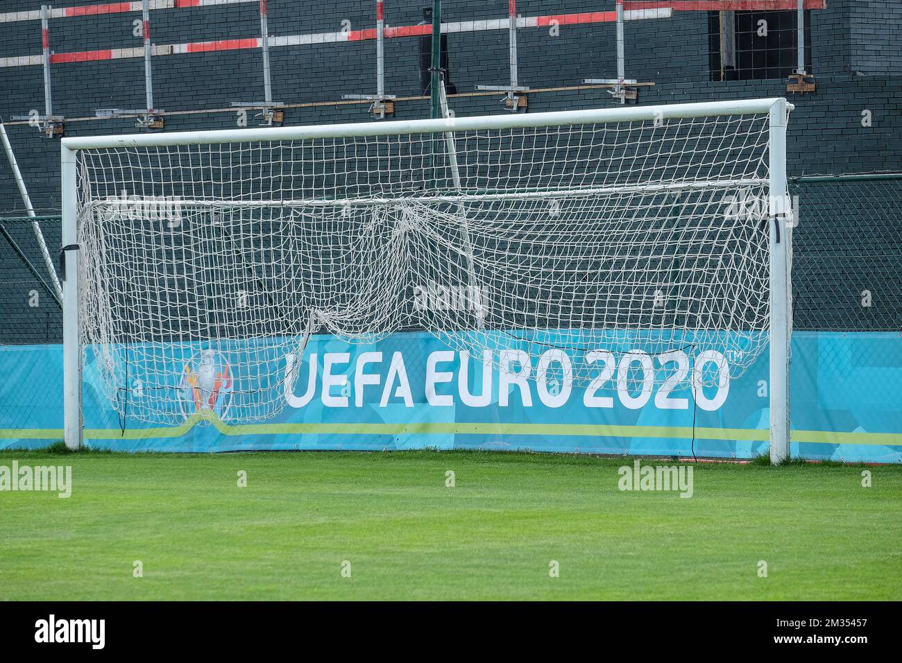 Illustration picture shows the UEFA Euro 2020 logo, at the Proximus Basecamp, the training centre of the Red Devils, Belgian national soccer team, in Tubize, Friday 28 May 2021. BELGA PHOTO BRUNO FAHY  Stock Photo