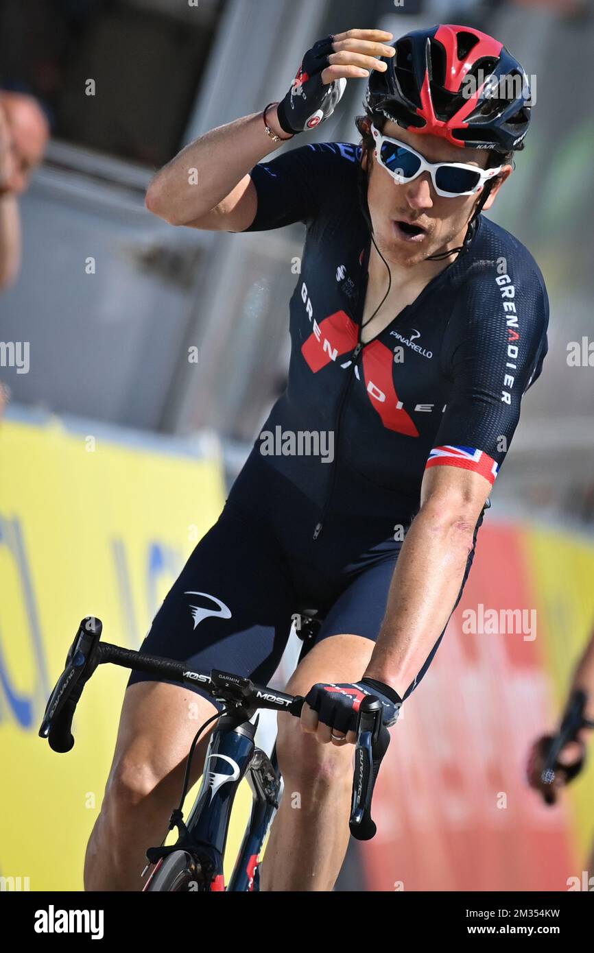 British Geraint Thomas of Ineos Grenadiers celebrates as he crosses the finish line to win the fifth stage of the 73rd edition of the Criterium du Dauphine cycling race, 174,5km from Saint Chamond to Saint-Vallier, France, Thursday 03 June 2021. BELGA PHOTO DAVID STOCKMAN Stock Photo