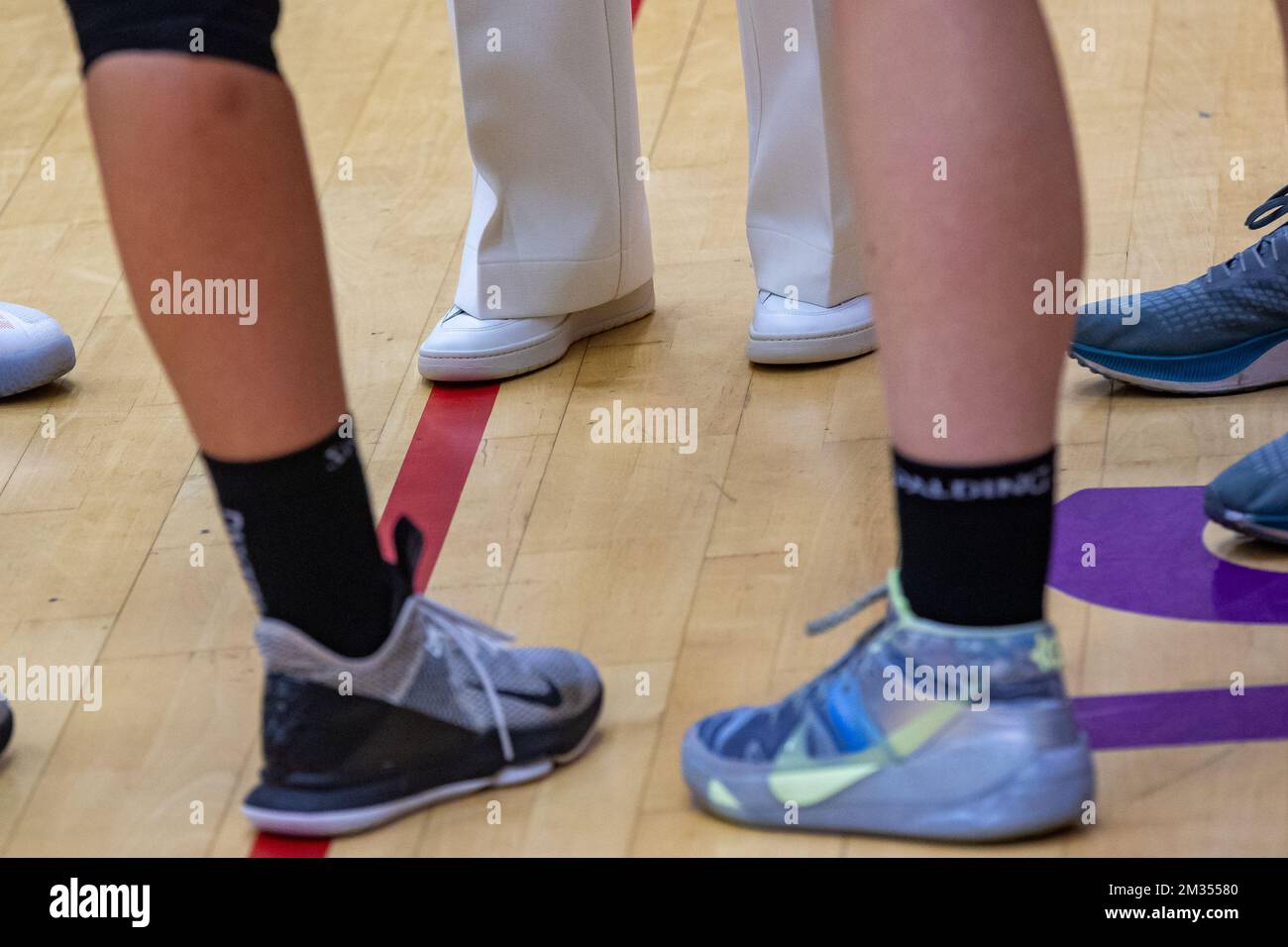Illustration picture shows the shoes of Queen Mathilde of Belgium pictured  during a royal visit to the Belgian Cats, the Belgian national women's  basketball team, in Kortrijk, Tuesday 08 June 2021. The