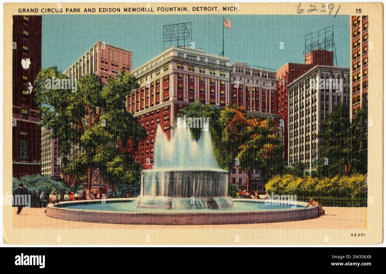 Grand Circus Park and Edison Memorial Fountain, Detroit, Mich. , Parks, Tichnor Brothers Collection, postcards of the United States Stock Photo
