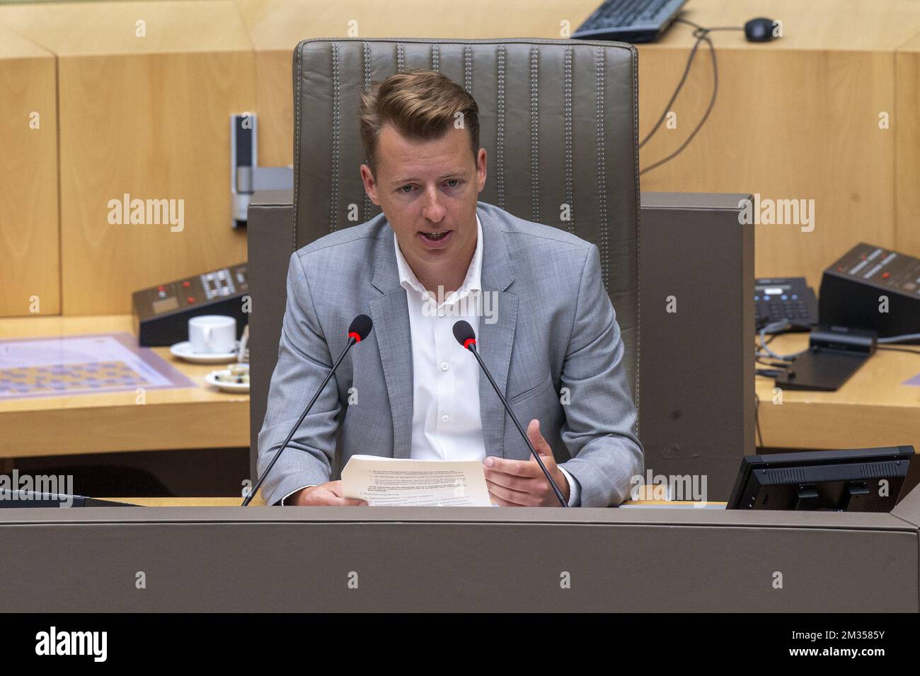 Vooruit's Hannes Anaf pictured during the installation of a reserach commission on the PFAS - PFOS pollutions, in the Flemish Parliament in Brussels, Friday 25 June 2021. BELGA PHOTO NICOLAS MAETERLINCK Stock Photo