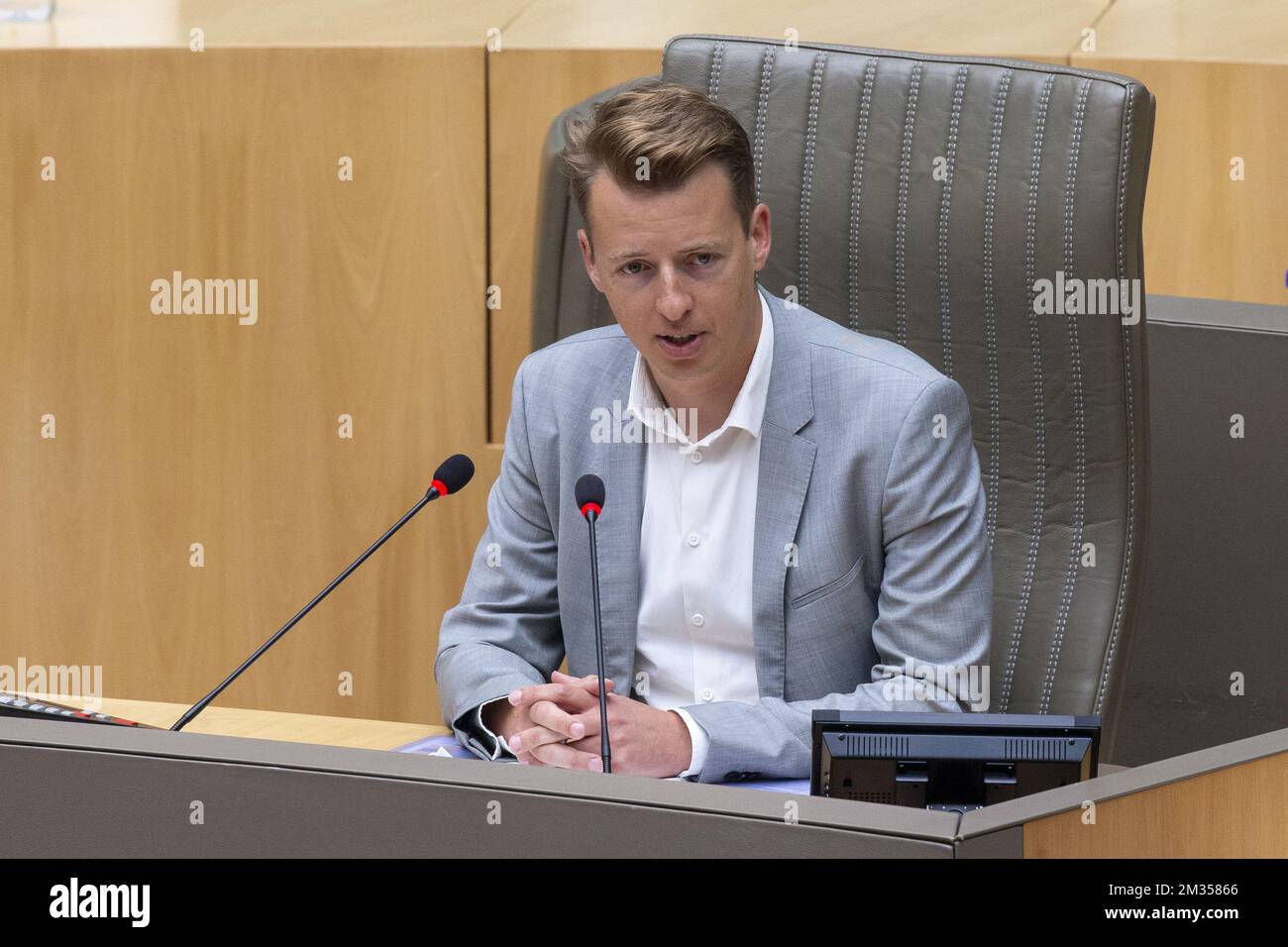 Vooruit's Hannes Anaf pictured during the installation of a reserach commission on the PFAS - PFOS pollutions, in the Flemish Parliament in Brussels, Friday 25 June 2021. BELGA PHOTO NICOLAS MAETERLINCK Stock Photo