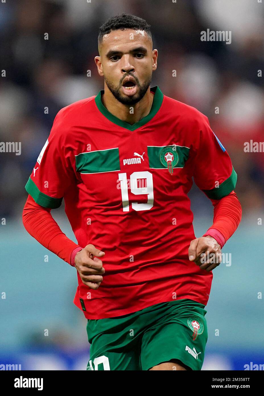 Morocco’s Youssef En-Nesyri during the FIFA World Cup Semi-Final match at the Al Bayt Stadium in Al Khor, Qatar. Picture date: Wednesday December 14, 2022. Stock Photo