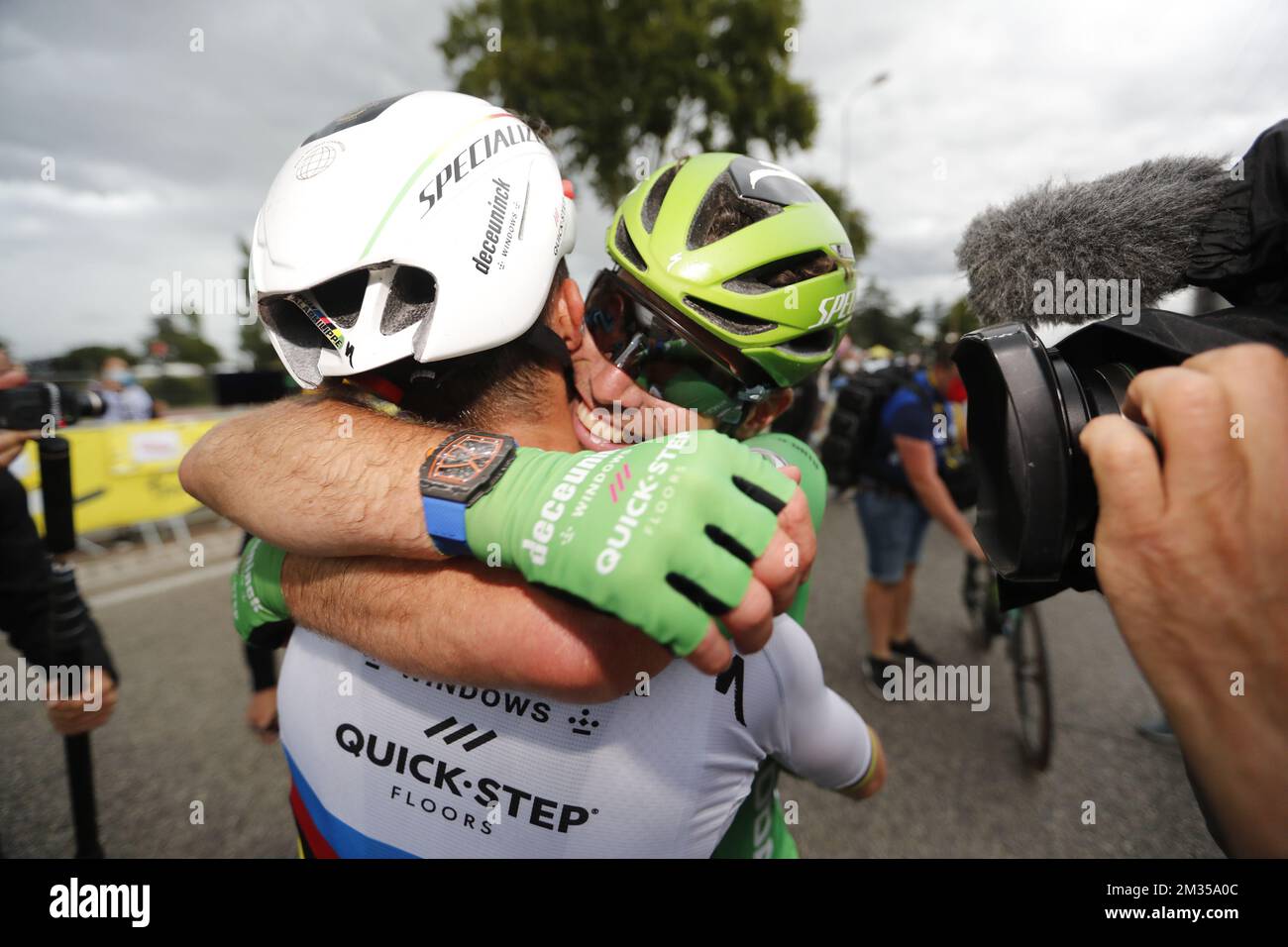 British Mark Cavendish of Deceuninck - Quick-Step celebrates with French Julian Alaphilippe of Deceuninck - Quick-Step after winning stage 10 of the 108th edition of the Tour de France cycling race, 190,7 km from Albertville to Valence, France, Tuesday 06 July 2021. This year's Tour de France takes place from 26 June to 18 July 2021. BELGA PHOTO POOL COR VOS  Stock Photo