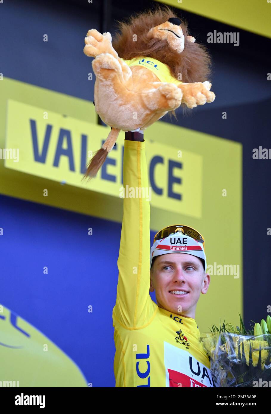 Slovenian Tadej Pogacar of UAE Team Emirates celebrates in the yellow jersey of leader in the overall ranking after stage 10 of the 108th edition of the Tour de France cycling race, 190,7 km from Albertville to Valence, France, Tuesday 06 July 2021. This year's Tour de France takes place from 26 June to 18 July 2021. BELGA PHOTO DAVID STOCKMAN Stock Photo