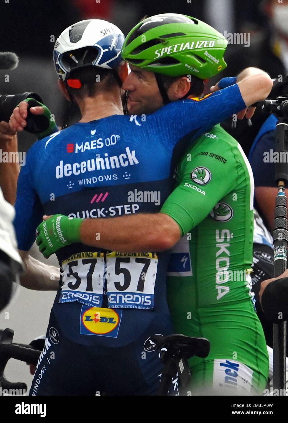 Belgian Dries Devenyns of Deceuninck - Quick-Step and British Mark Cavendish of Deceuninck - Quick-Step celebrate after winning stage 10 of the 108th edition of the Tour de France cycling race, 190,7 km from Albertville to Valence, France, Tuesday 06 July 2021. This year's Tour de France takes place from 26 June to 18 July 2021. BELGA PHOTO PETE GODING Stock Photo