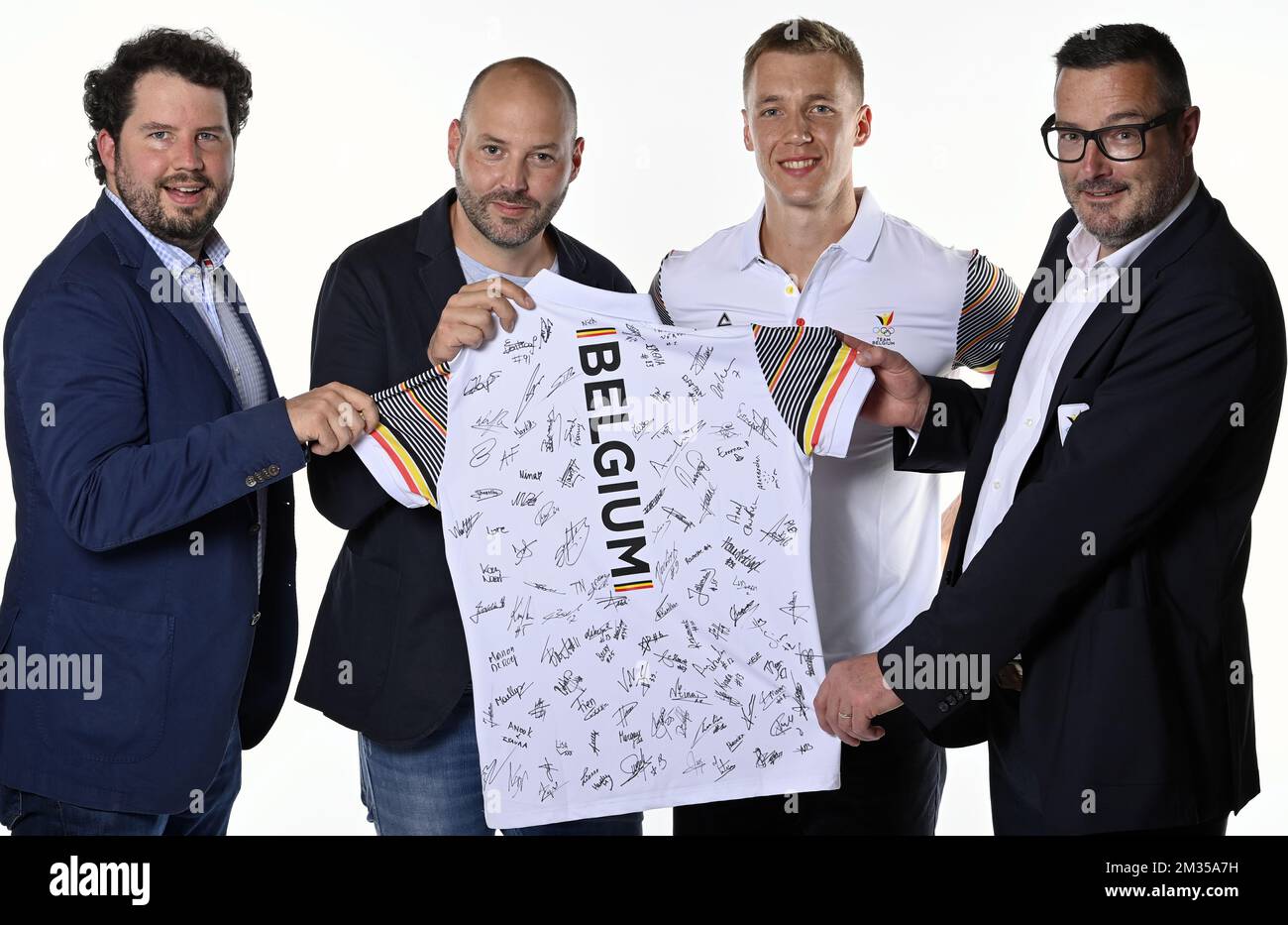 Jerome Paquot, Julien Marchetto of XLG, Belgian Julien Watrin and Dieter Reyntjens pose at a photoshoot for the Belgian Olympic Committee BOIC - COIB ahead of the Tokyo 2020 Olympic Games, in Brussels, Wednesday 07 July 2021. BELGA PHOTO ERIC LALMAND Stock Photo