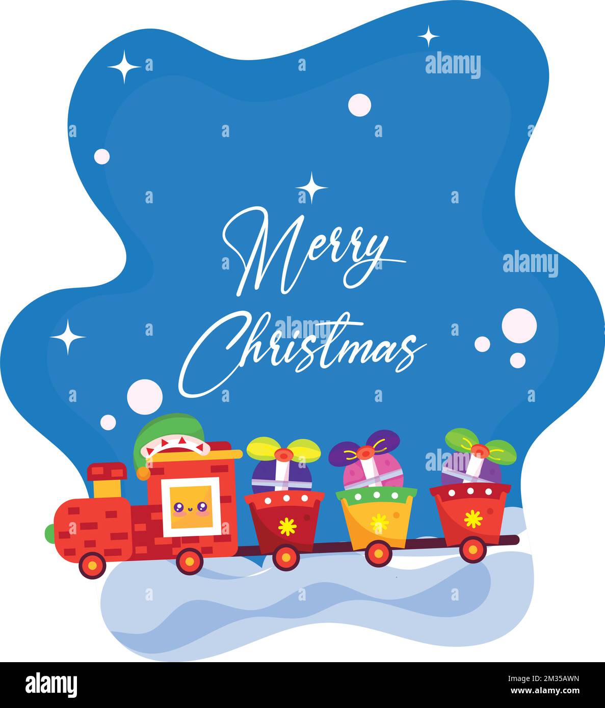 Isolated christmas happy train cartoon character on a winter background