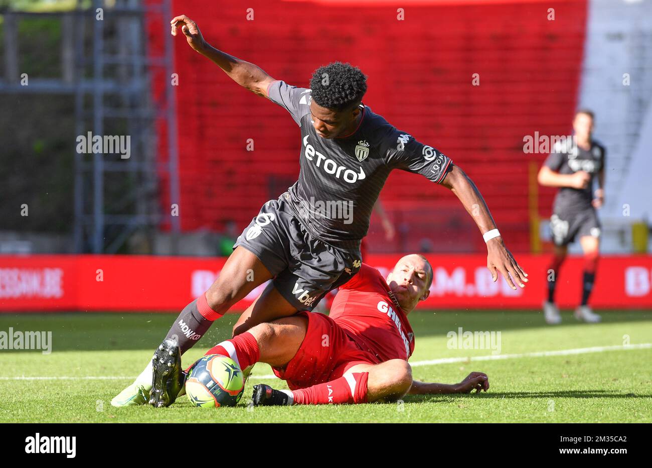 Monaco's Axel Disasi and Antwerp's Michael Frey fight for the ball during a friendly soccer game between Belgian Royal Antwerp FC and French AS Monaco, Saturday 17 July 2021 in Antwerp. BELGA PHOTO DAVID CATRY Stock Photo