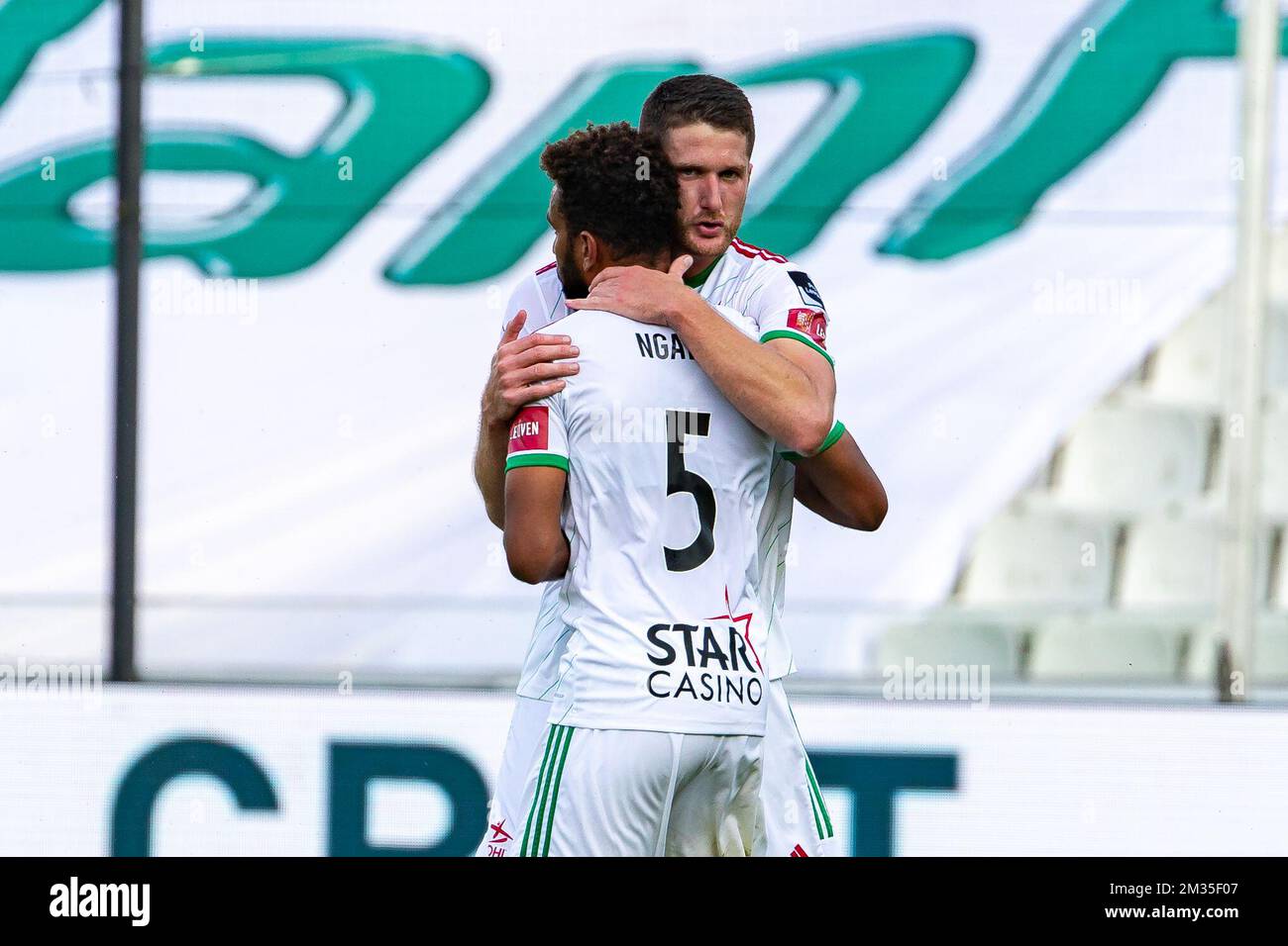 OHL's Thomas Henry celebrates after scoring during a soccer match between Cercle Brugge and OHL Oud-Heverlee-Leuven, Saturday 31 July 2021 in Brugge, on day 2 of the 2021-2022 'Jupiler Pro League' first division of the Belgian championship. BELGA PHOTO KURT DESPLENTER Stock Photo