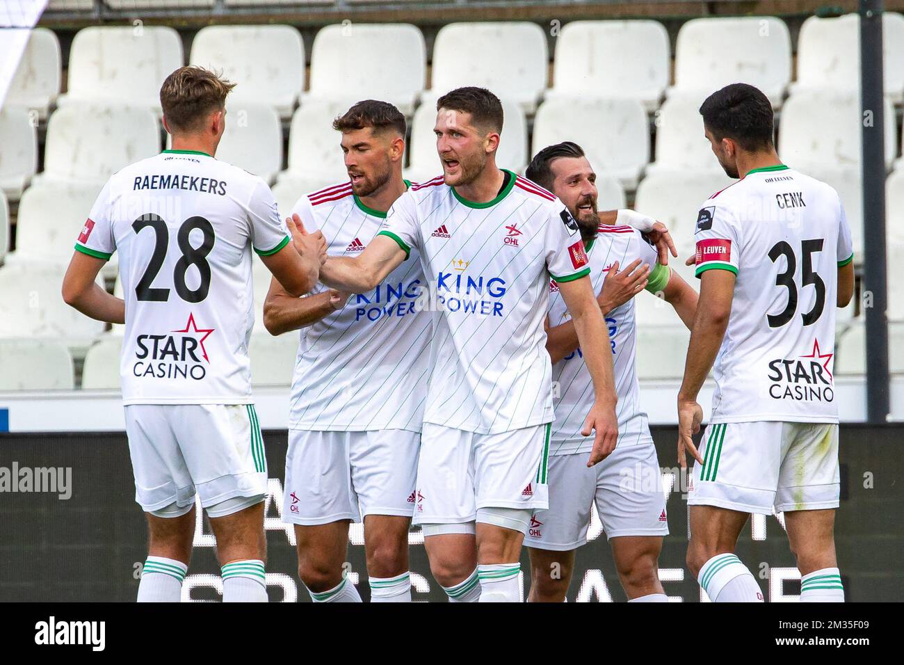OHL's Thomas Henry celebrates after scoring during a soccer match between Cercle Brugge and OHL Oud-Heverlee-Leuven, Saturday 31 July 2021 in Brugge, on day 2 of the 2021-2022 'Jupiler Pro League' first division of the Belgian championship. BELGA PHOTO KURT DESPLENTER Stock Photo