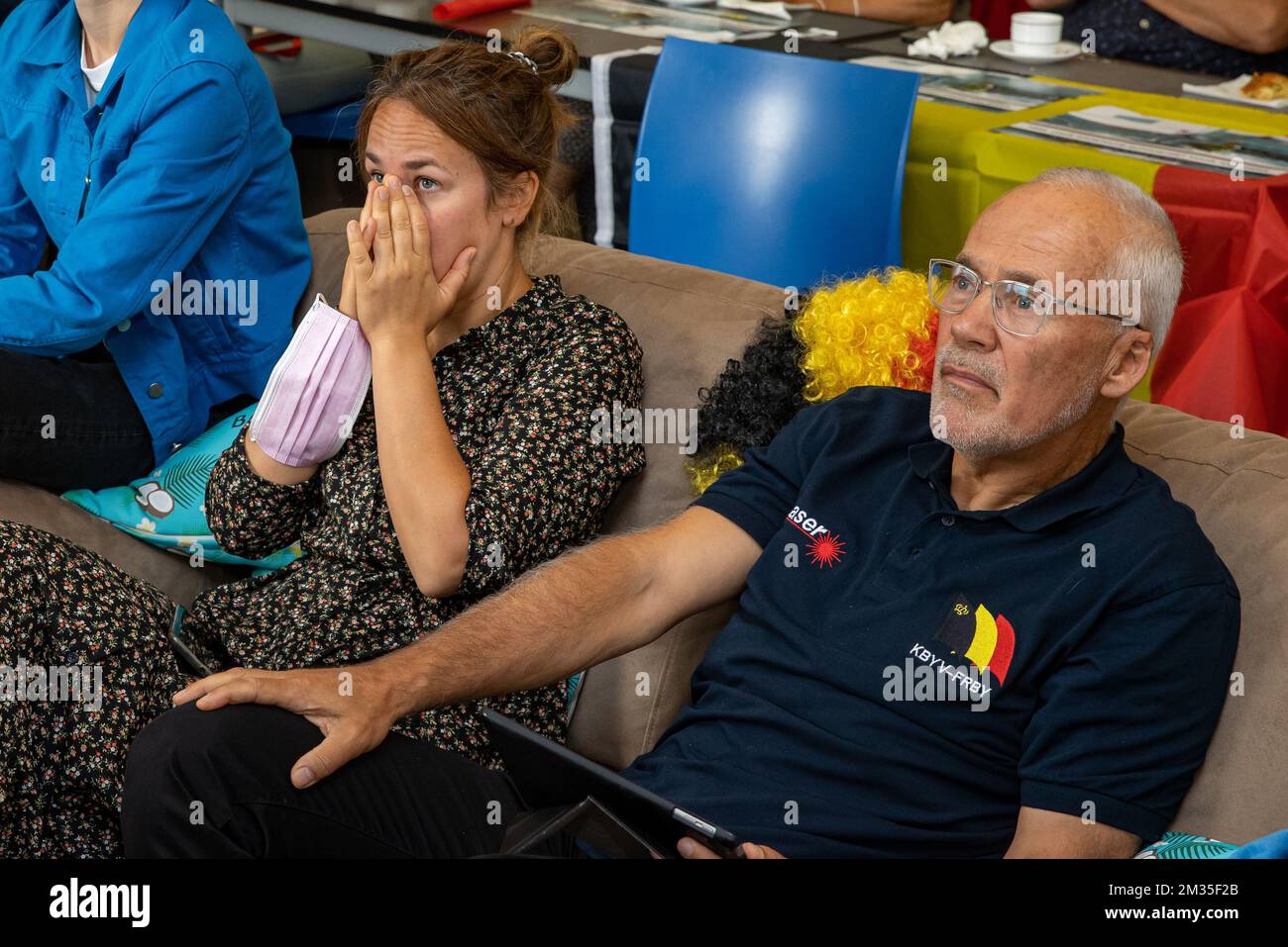 Belgian Sailor Emma Plasschaert's sister Katrien Plasschaert and father Bart Plasschaert pictured during a screening of the medal race of the women's one-person dinghy laser radial sailing event, with Belgian Plasschaert starting in fifth position, on the tenth day of the 'Tokyo 2020 Olympic Games' at the Club Inside-Outside sailing club in Oostende, on Sunday 01 August 2021. The postponed 2020 Summer Olympics are taking place from 23 July to 8 August 2021. BELGA PHOTO KURT DESPLENTER Stock Photo