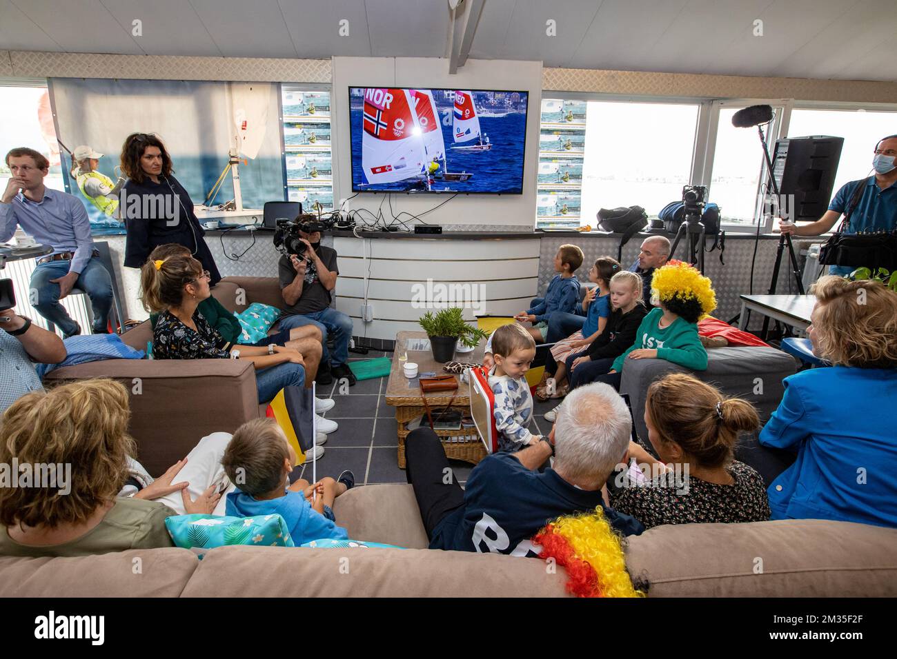 Illustration picture shows a screening of the medal race of the women's one-person dinghy laser radial sailing event, with Belgian Plasschaert starting in fifth position, on the tenth day of the 'Tokyo 2020 Olympic Games' at the Club Inside-Outside sailing club in Oostende, on Sunday 01 August 2021. The postponed 2020 Summer Olympics are taking place from 23 July to 8 August 2021. BELGA PHOTO KURT DESPLENTER Stock Photo