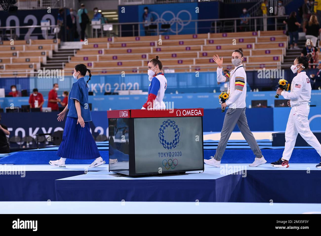 Belgian gymnast Nina Derwael arrive for the podium after the individual