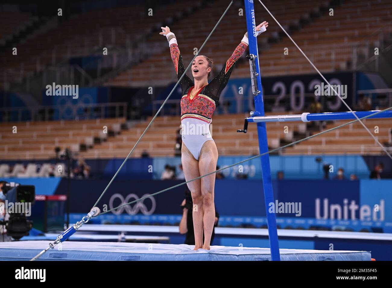 Belgian gymnast Nina Derwael pictured during the individual uneven bars