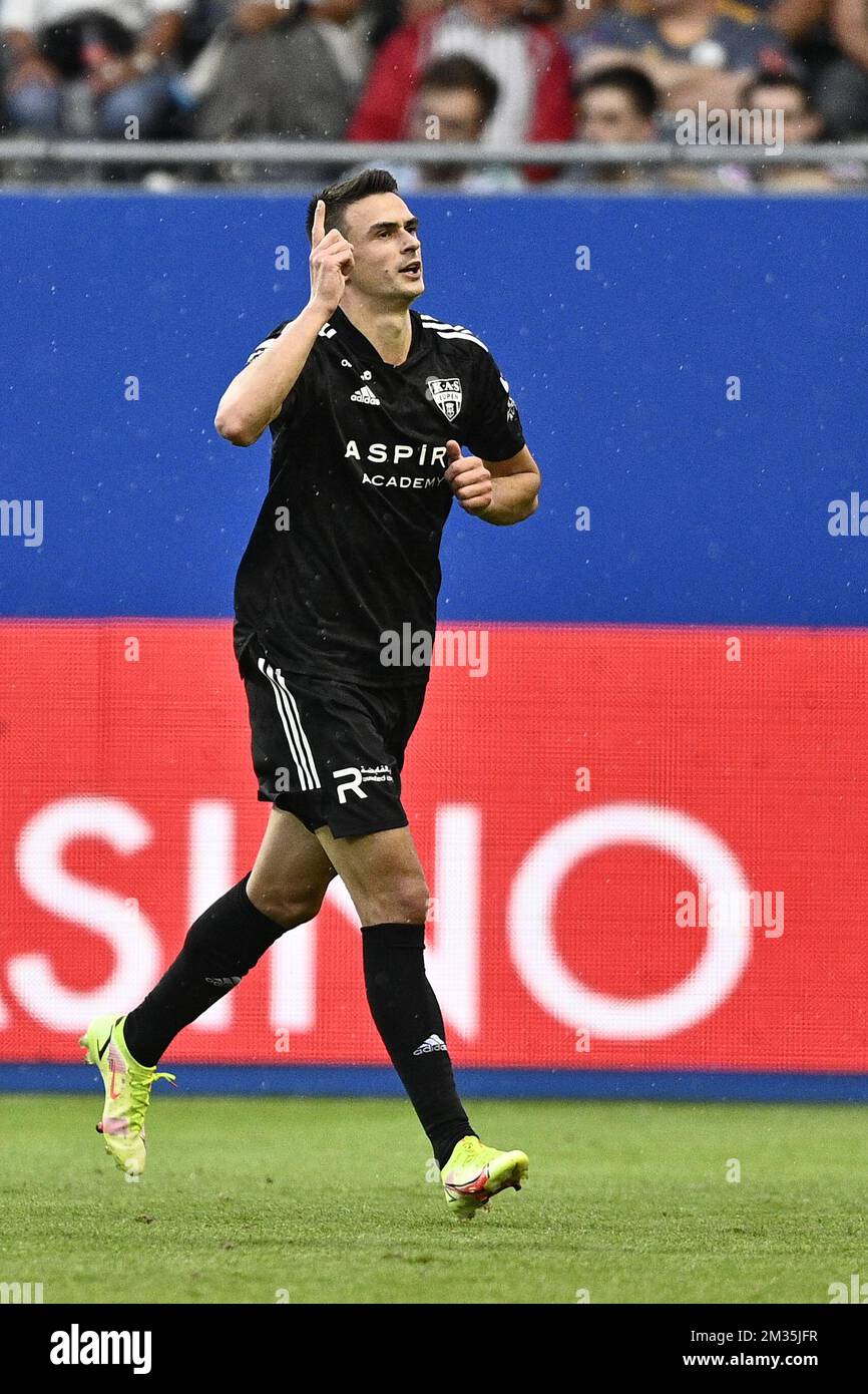 Eupen's Smail Prevljak celebrates after scoring during a soccer match