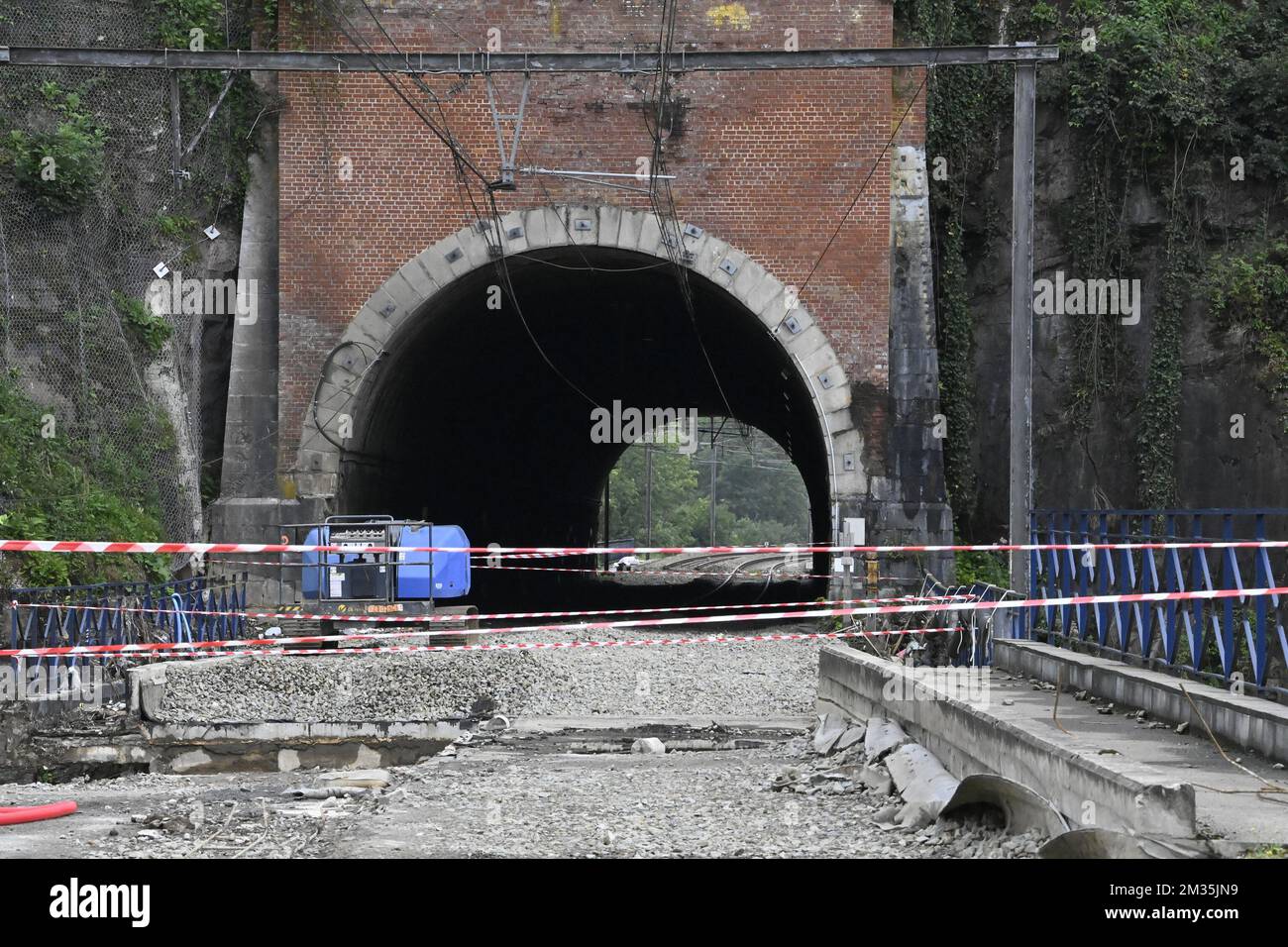 Illustration shows a visit to a site where workers are repairing damaged train tracks in Pepinster, Monday 23 August 2021. Last month's floods devastated large areas in the region. BELGA PHOTO ERIC LALMAND  Stock Photo