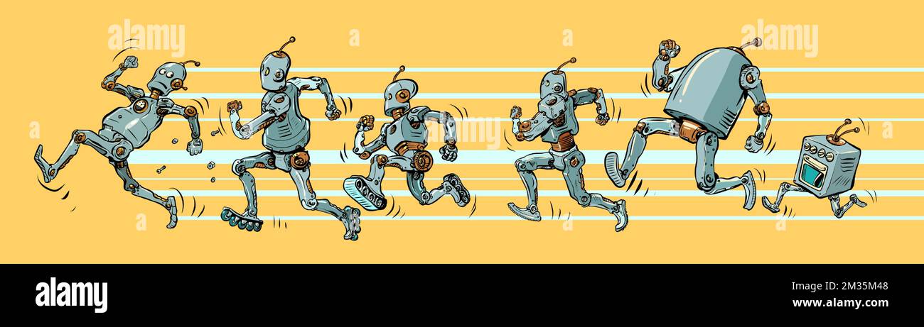 The robots are running. Different models of artificial intelligent humanoid mechanisms. running marathon speed sport Stock Vector