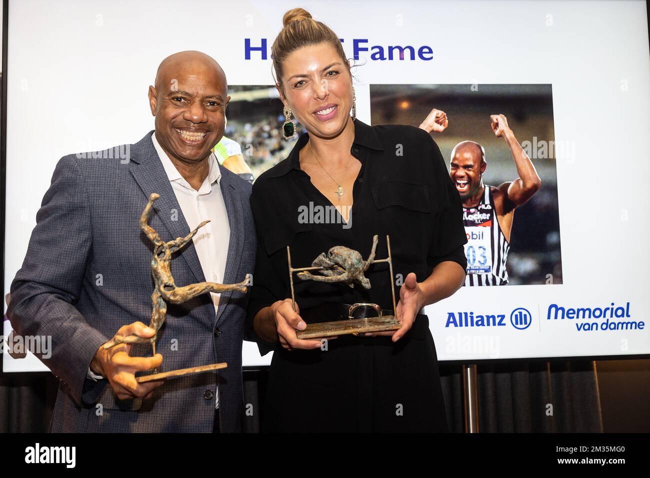 Former US long jump champion Mike Powell and Croatia's Blanka Vlasic pictured during the gala evening of the 2021 edition of the Memorial Van Damme athletics meeting, Wednesday 01 September 2021 at the Ter Kamerenbos - Bois de la Cambre in Brussels. The meeting takes place next Friday in Brussels. BELGA PHOTO JAMES ARTHUR GEKIERE Stock Photo